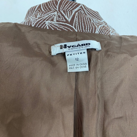 Nygard Linen Brown White Embroidered Blazer Jacket 12P Lined Hooks 3/4 Sleeves - Picture 8 of 8